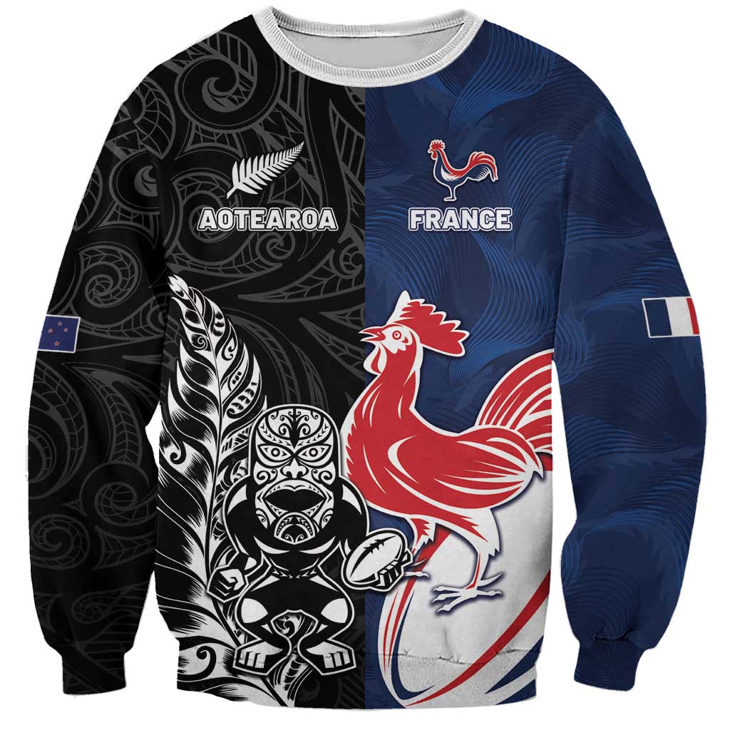 France And New Zealand Rugby Custom Sweatshirt Les Bleus Rooster With Maori Tiki - Polynesian Pride
