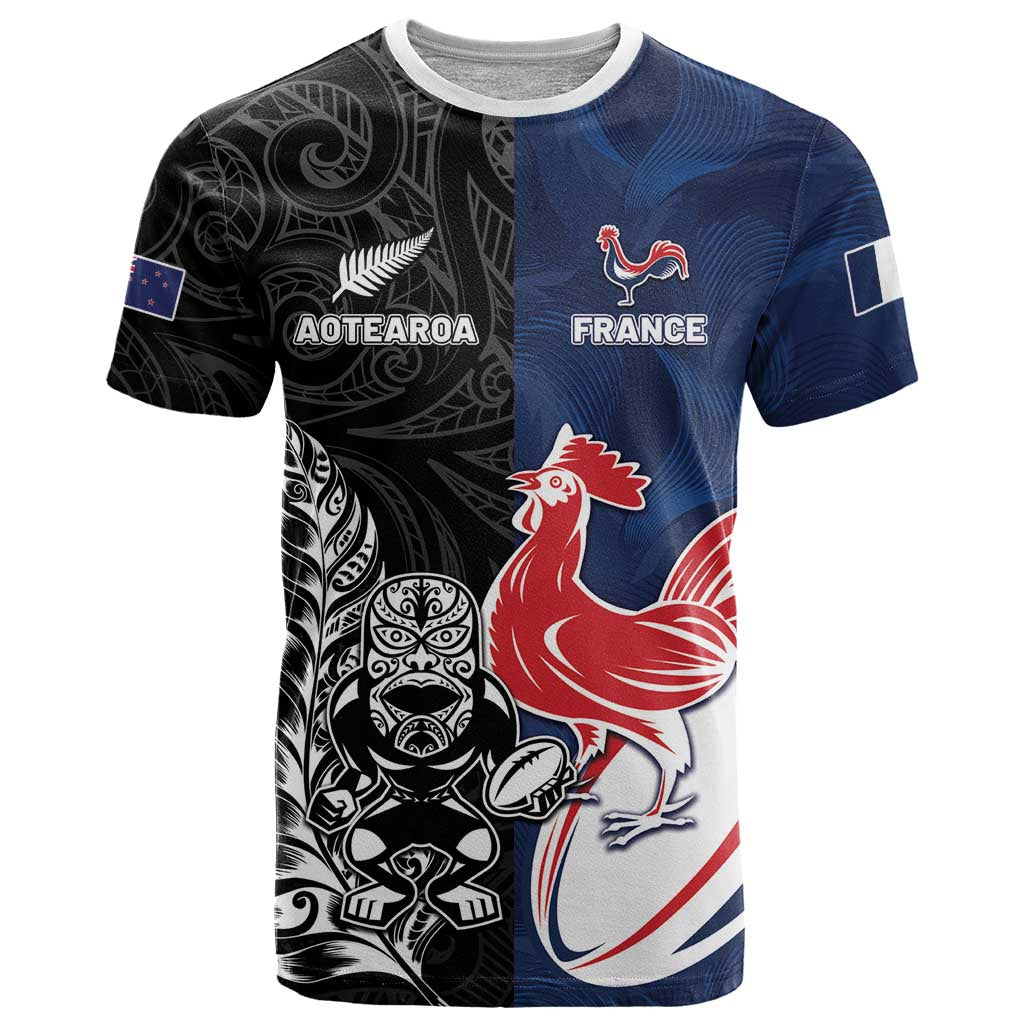 France And New Zealand Rugby Custom T Shirt Les Bleus Rooster With Maori Tiki - Polynesian Pride
