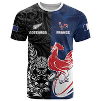 France And New Zealand Rugby Custom T Shirt Les Bleus Rooster With Maori Tiki - Polynesian Pride