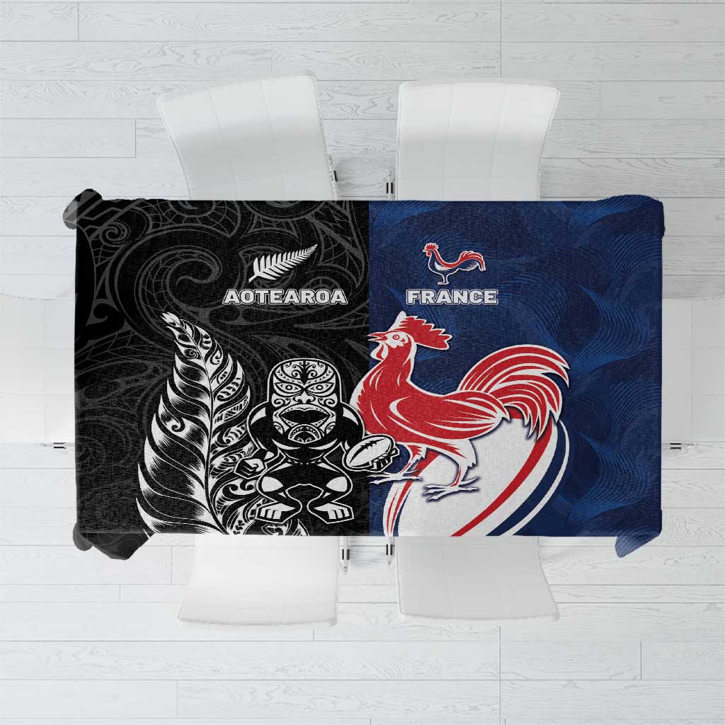 France And New Zealand Rugby Tablecloth Les Bleus Rooster With Maori Tiki - Polynesian Pride