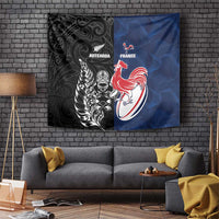 France And New Zealand Rugby Tapestry Les Bleus Rooster With Maori Tiki - Polynesian Pride