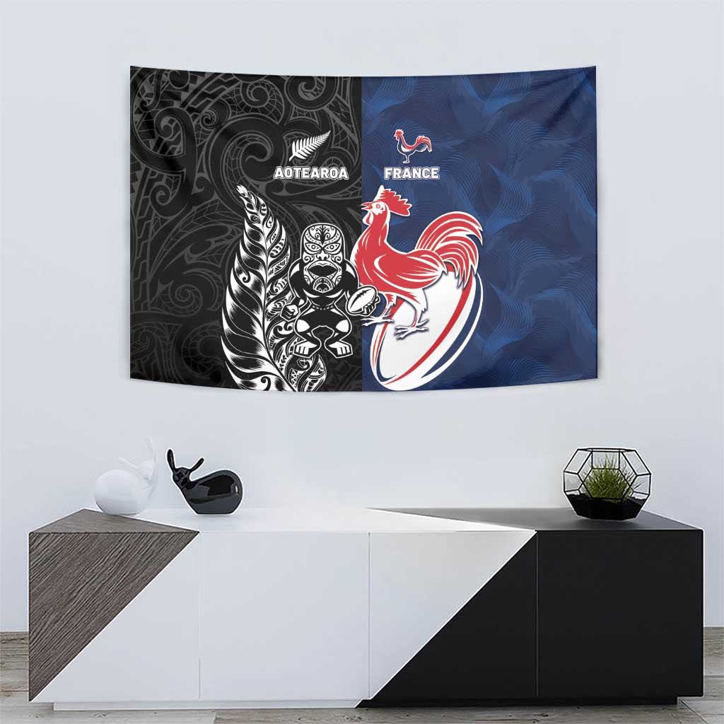 France And New Zealand Rugby Tapestry Les Bleus Rooster With Maori Tiki - Polynesian Pride