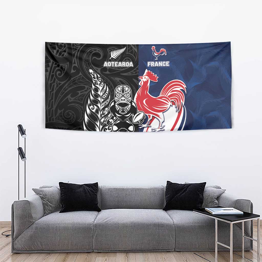 France And New Zealand Rugby Tapestry Les Bleus Rooster With Maori Tiki - Polynesian Pride