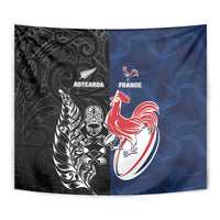 France And New Zealand Rugby Tapestry Les Bleus Rooster With Maori Tiki - Polynesian Pride