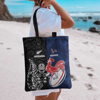 France And New Zealand Rugby Tote Bag Les Bleus Rooster With Maori Tiki - Polynesian Pride