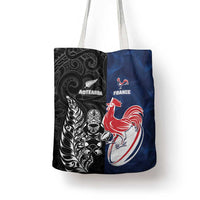 France And New Zealand Rugby Tote Bag Les Bleus Rooster With Maori Tiki - Polynesian Pride