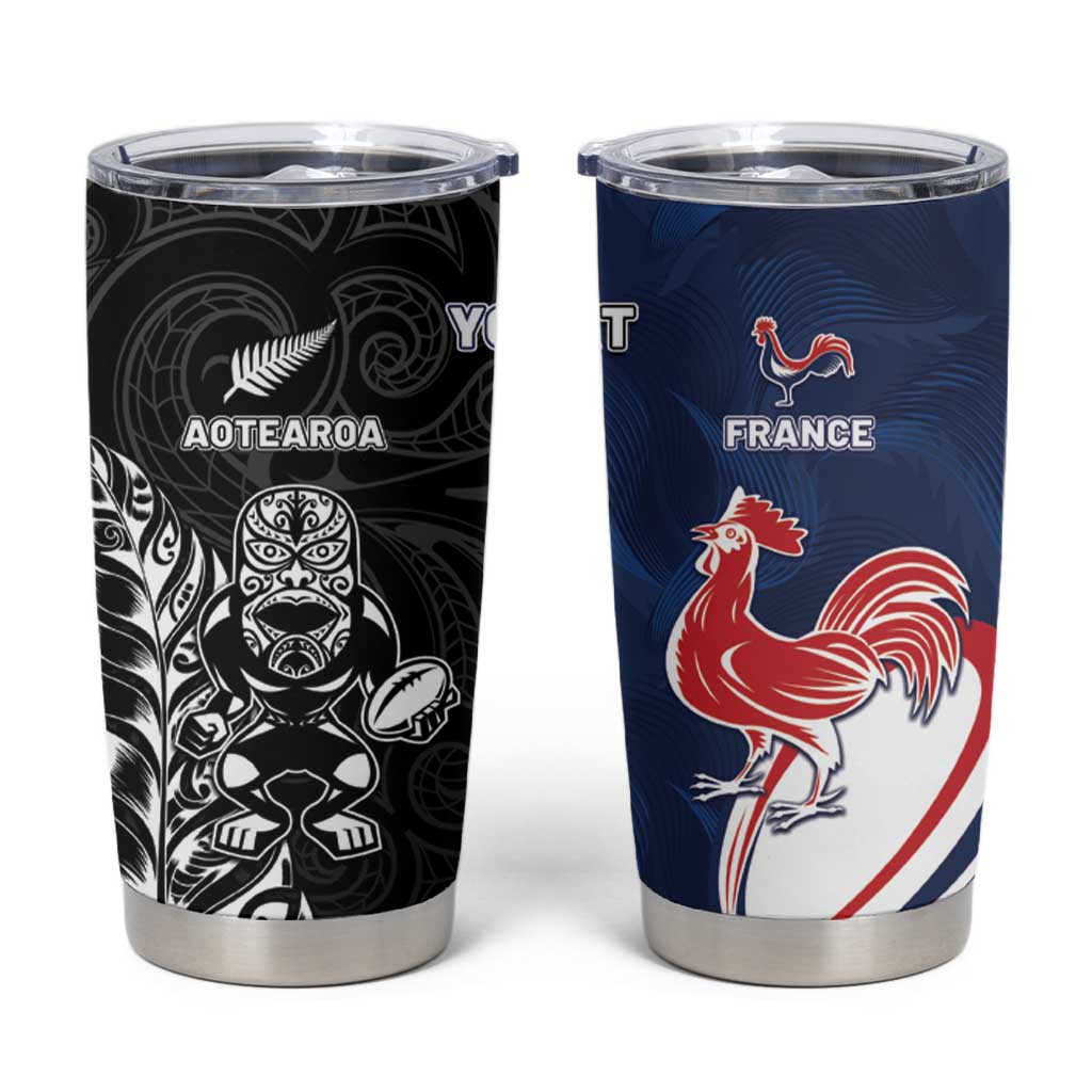 France And New Zealand Rugby Custom Tumbler Cup Les Bleus Rooster With Maori Tiki - Polynesian Pride