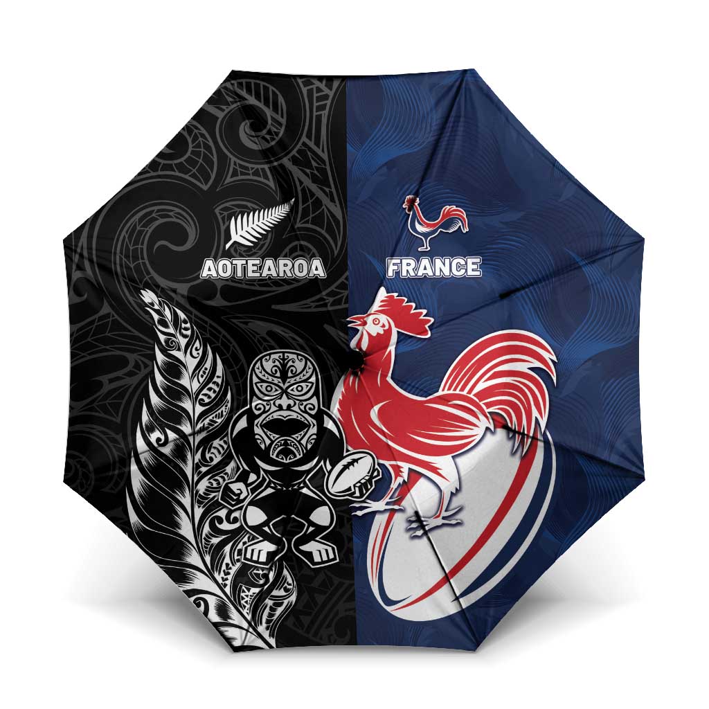 France And New Zealand Rugby Umbrella Les Bleus Rooster With Maori Tiki - Polynesian Pride