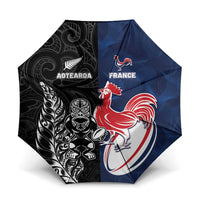 France And New Zealand Rugby Umbrella Les Bleus Rooster With Maori Tiki - Polynesian Pride