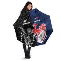 France And New Zealand Rugby Umbrella Les Bleus Rooster With Maori Tiki - Polynesian Pride