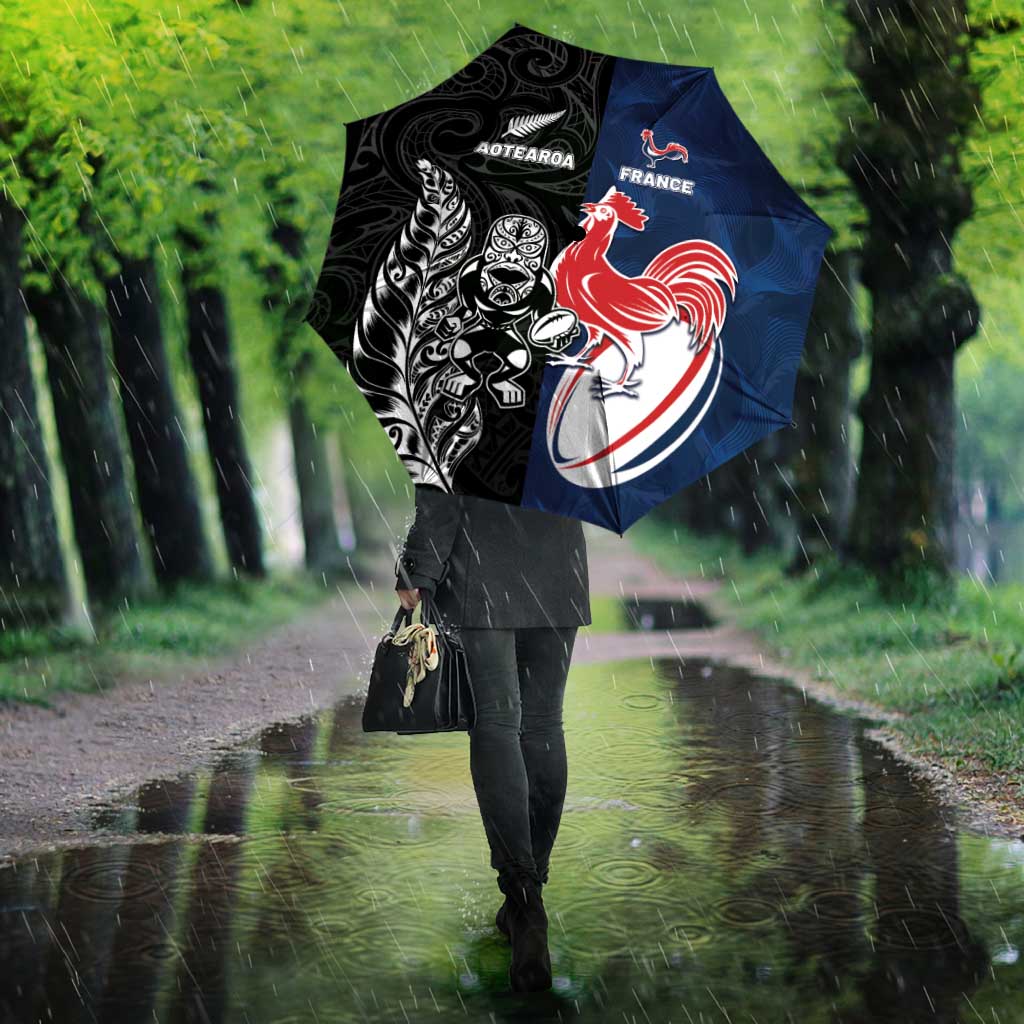 France And New Zealand Rugby Umbrella Les Bleus Rooster With Maori Tiki - Polynesian Pride