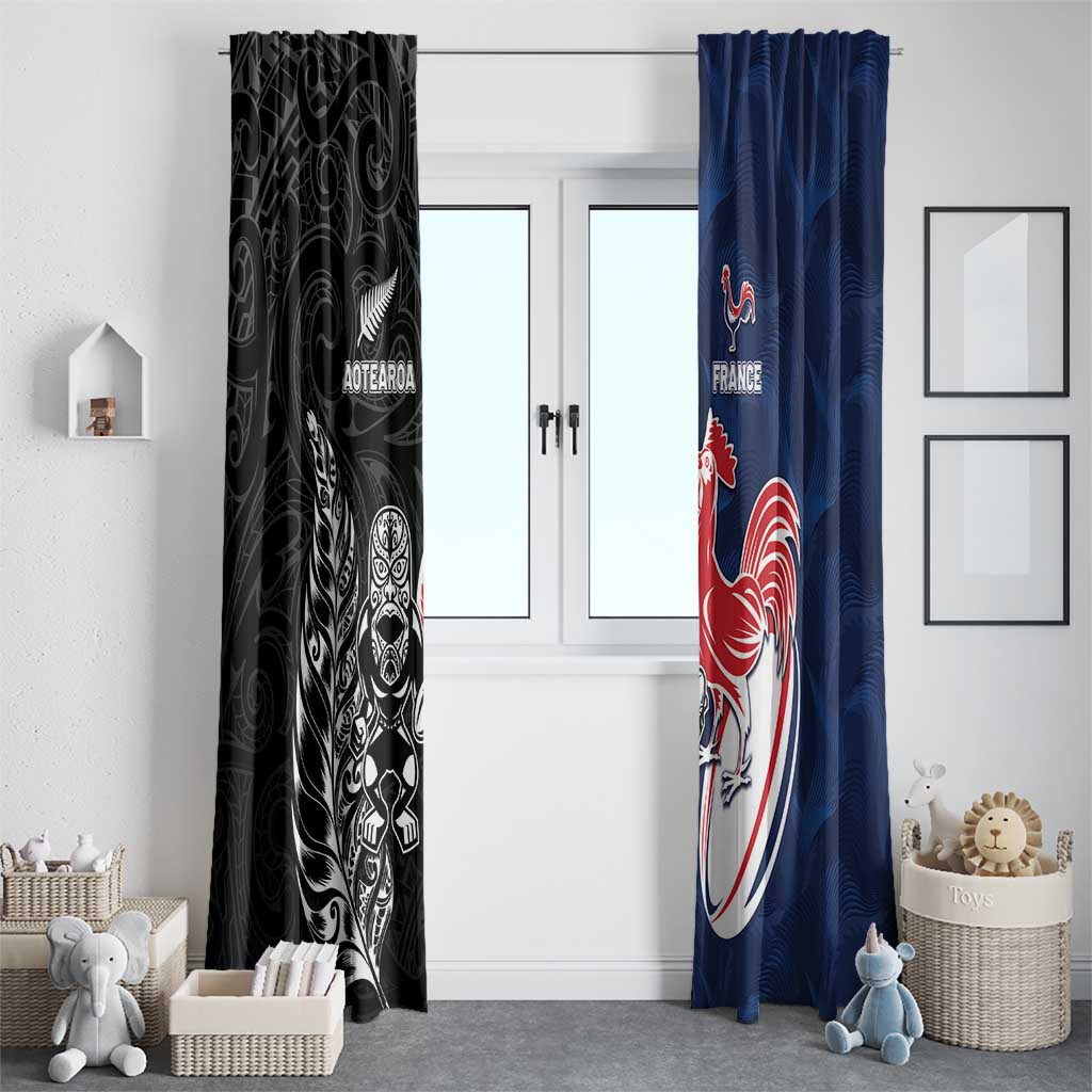 France And New Zealand Rugby Window Curtain Les Bleus Rooster With Maori Tiki - Polynesian Pride