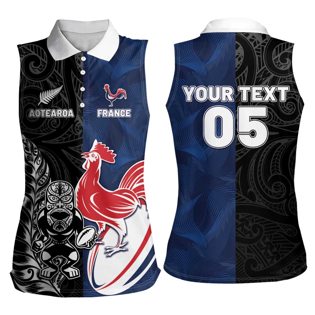 France And New Zealand Rugby Custom Women Sleeveless Polo Shirt Les Bleus Rooster With Maori Tiki - Polynesian Pride