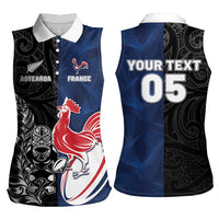France And New Zealand Rugby Custom Women Sleeveless Polo Shirt Les Bleus Rooster With Maori Tiki - Polynesian Pride