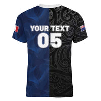 France And New Zealand Rugby Custom Women V-Neck T-Shirt Les Bleus Rooster With Maori Tiki - Polynesian Pride