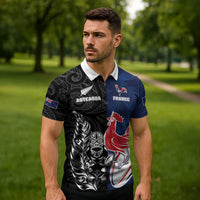 France And New Zealand Rugby Custom Zipper Polo Shirt Les Bleus Rooster With Maori Tiki - Polynesian Pride