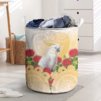 New Zealand Aotearoa Cockatoo Laundry Basket Maori Pattern With Pohutukawa Flowers LT05 Beige - Polynesian Pride
