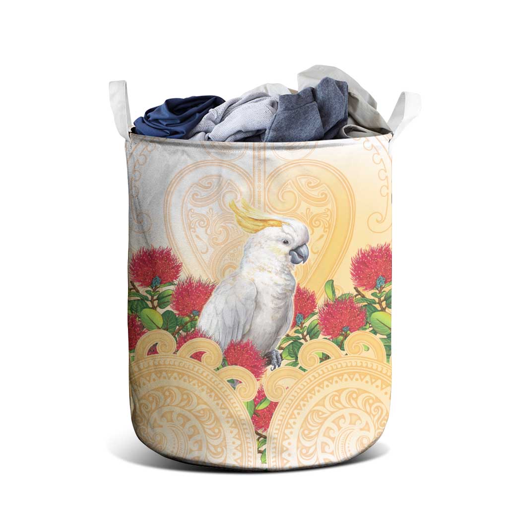 New Zealand Aotearoa Cockatoo Laundry Basket Maori Pattern With Pohutukawa Flowers LT05 - Polynesian Pride