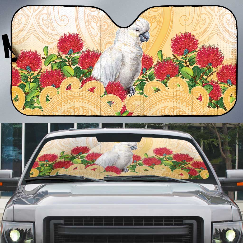New Zealand Aotearoa Cockatoo Auto Sun Shade Maori Pattern With Pohutukawa Flowers LT05 Beige - Polynesian Pride