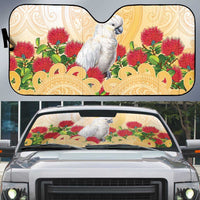 New Zealand Aotearoa Cockatoo Auto Sun Shade Maori Pattern With Pohutukawa Flowers LT05 Beige - Polynesian Pride
