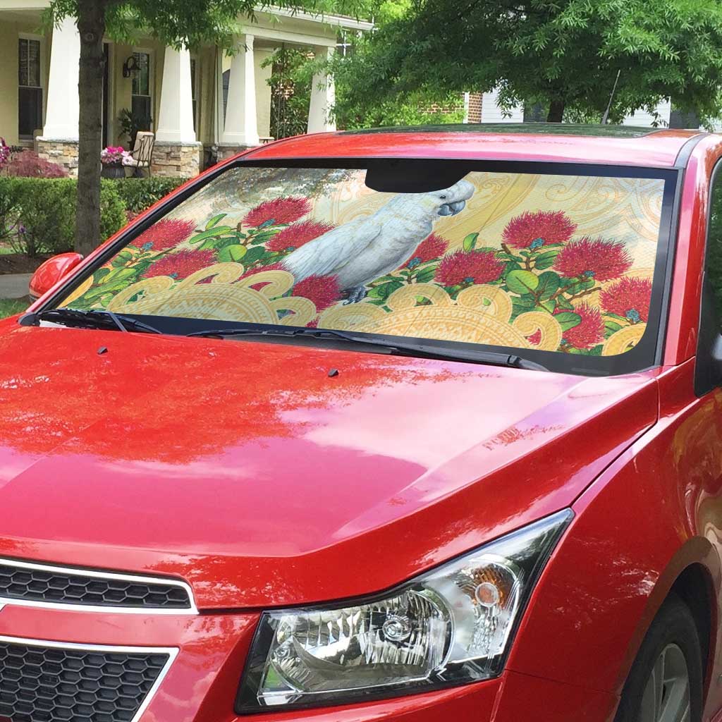 New Zealand Aotearoa Cockatoo Auto Sun Shade Maori Pattern With Pohutukawa Flowers LT05 - Polynesian Pride