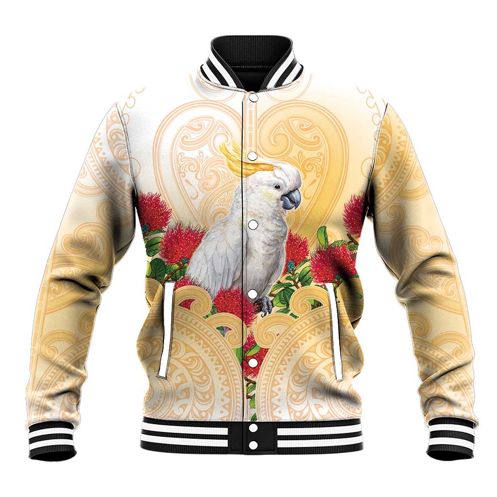 New Zealand Aotearoa Cockatoo Baseball Jacket Maori Pattern With Pohutukawa Flowers LT05 Unisex Beige - Polynesian Pride