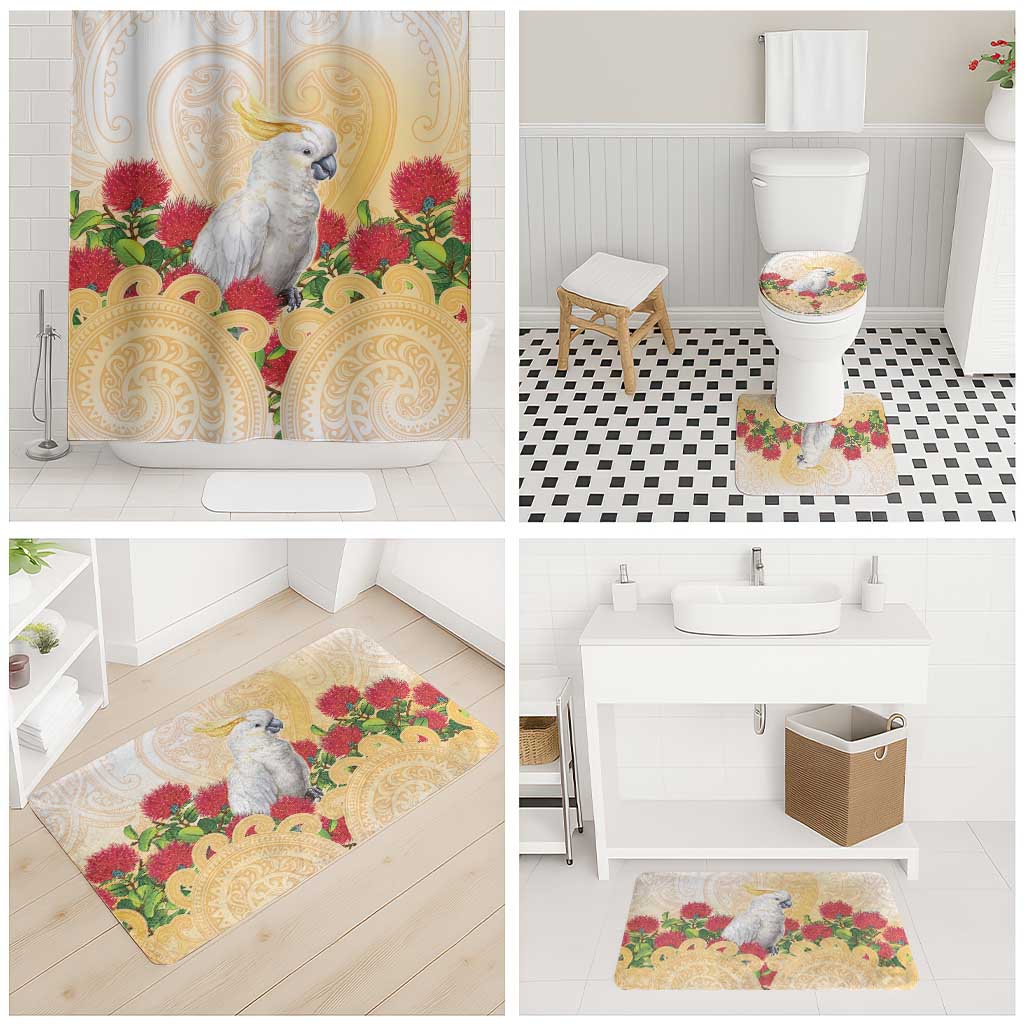 New Zealand Aotearoa Cockatoo Bathroom Set Maori Pattern With Pohutukawa Flowers LT05 - Polynesian Pride