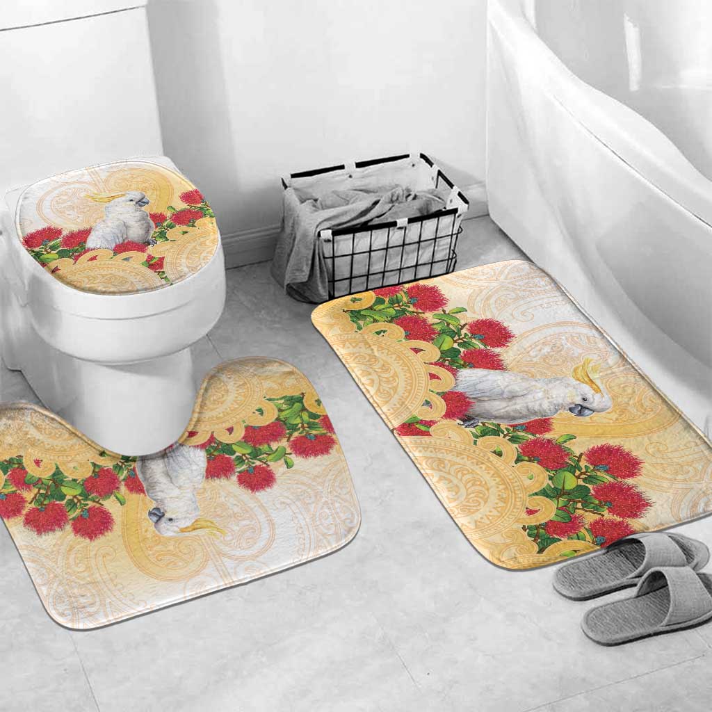 New Zealand Aotearoa Cockatoo Bathroom Set Maori Pattern With Pohutukawa Flowers LT05 Mat Set Only (3 pcs) One Size Beige - Polynesian Pride