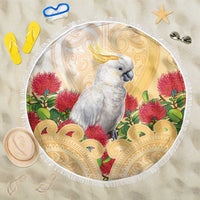 New Zealand Aotearoa Cockatoo Beach Blanket Maori Pattern With Pohutukawa Flowers LT05 One Size 150cm Beige - Polynesian Pride