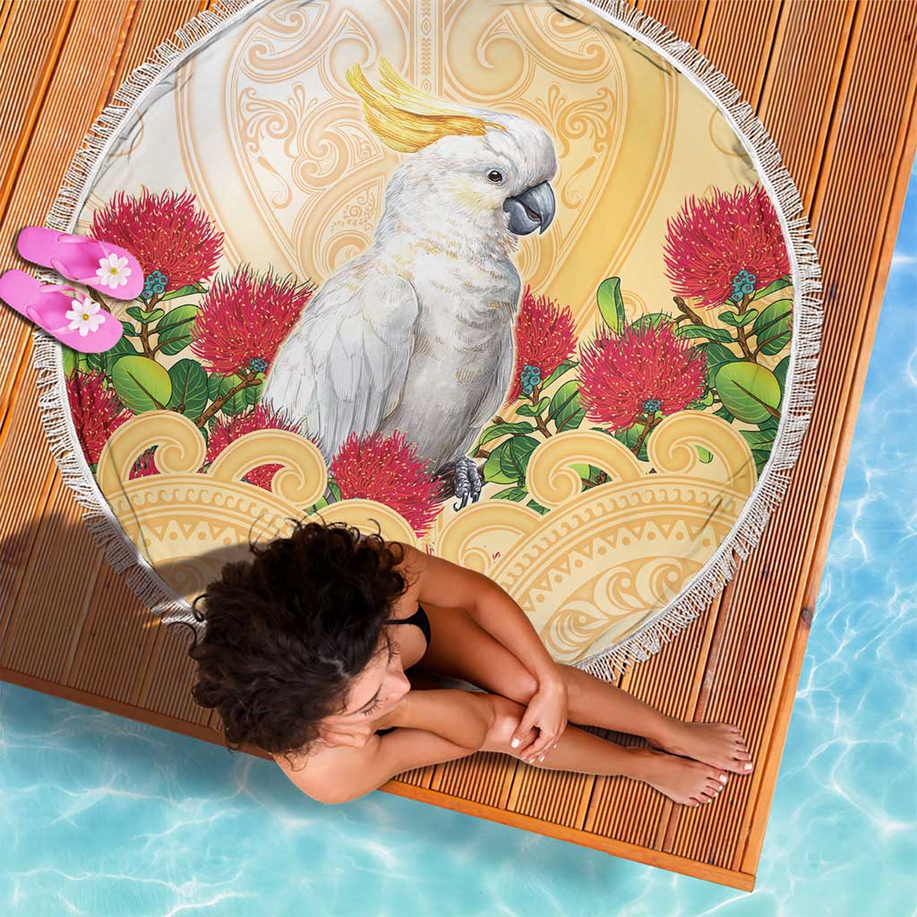 New Zealand Aotearoa Cockatoo Beach Blanket Maori Pattern With Pohutukawa Flowers LT05 - Polynesian Pride