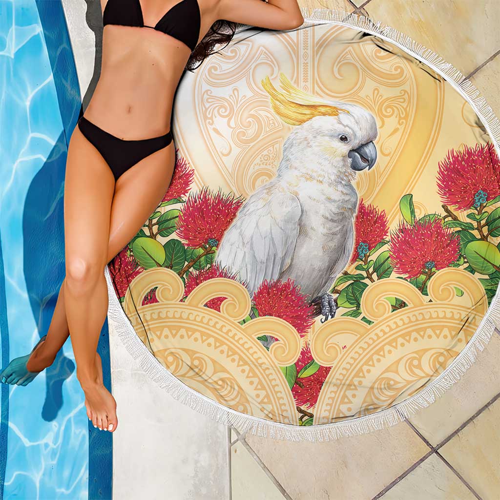 New Zealand Aotearoa Cockatoo Beach Blanket Maori Pattern With Pohutukawa Flowers LT05 - Polynesian Pride