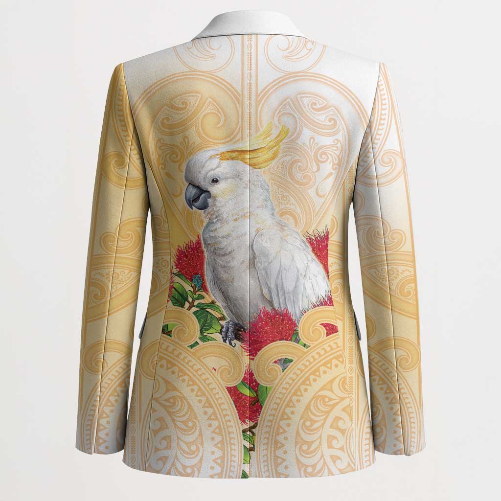 New Zealand Aotearoa Cockatoo Blazer Maori Pattern With Pohutukawa Flowers