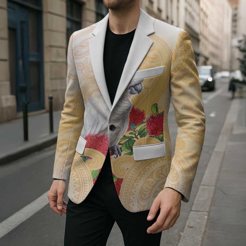 New Zealand Aotearoa Cockatoo Blazer Maori Pattern With Pohutukawa Flowers