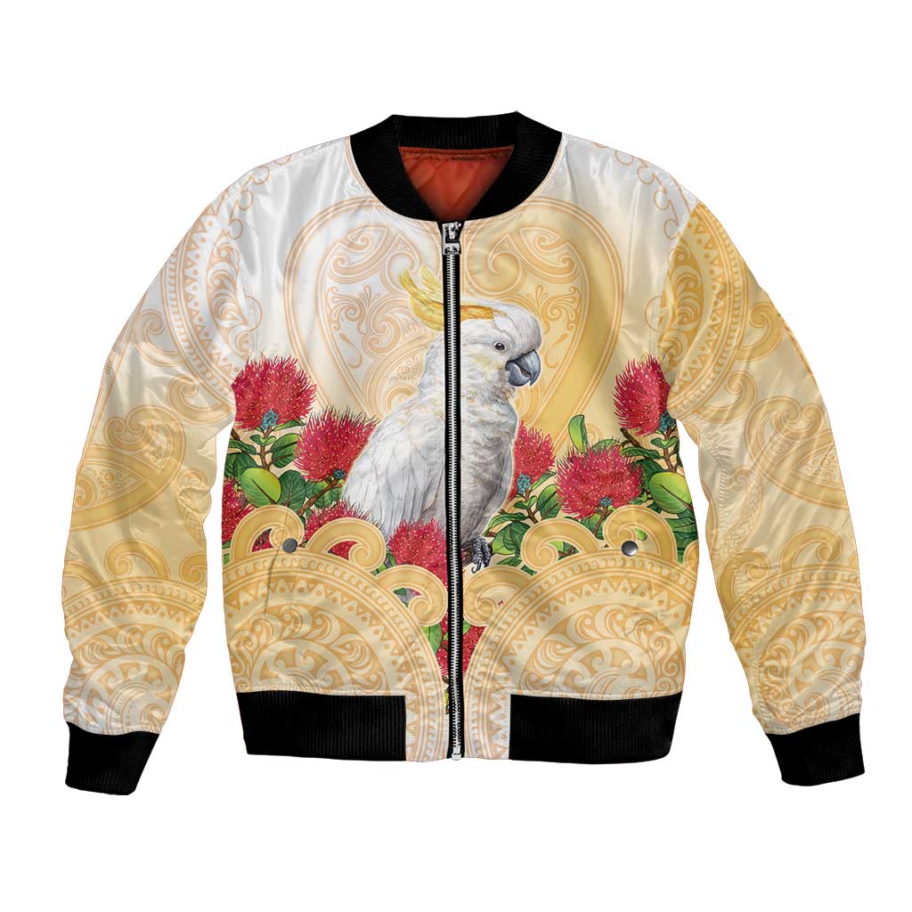 New Zealand Aotearoa Cockatoo Bomber Jacket Maori Pattern With Pohutukawa Flowers LT05 Unisex Beige - Polynesian Pride