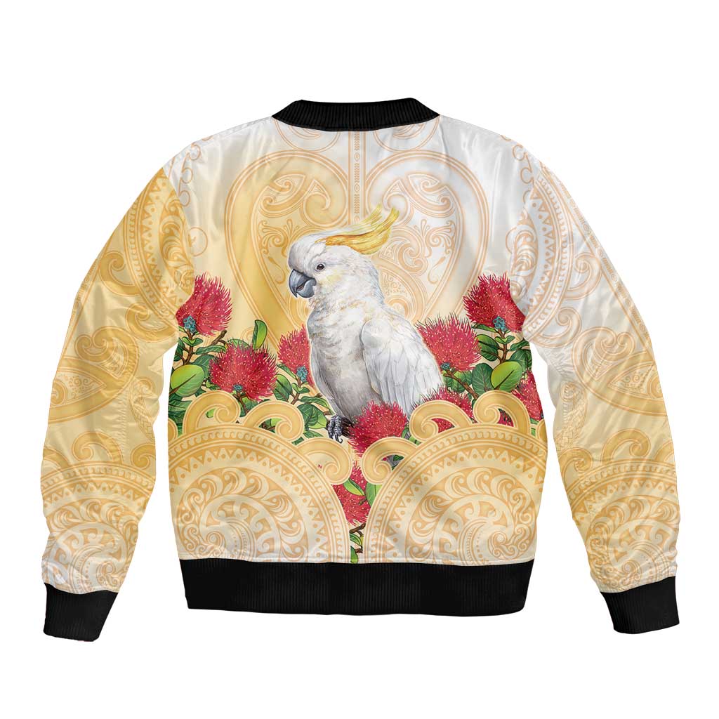 New Zealand Aotearoa Cockatoo Bomber Jacket Maori Pattern With Pohutukawa Flowers LT05 - Polynesian Pride