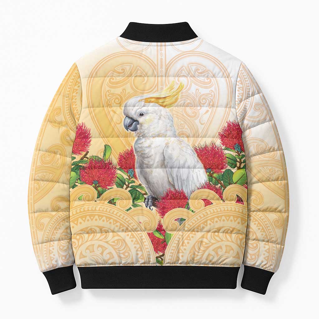 New Zealand Aotearoa Cockatoo Bomber Puffer Jacket Maori Pattern With Pohutukawa Flowers LT05 - Polynesian Pride