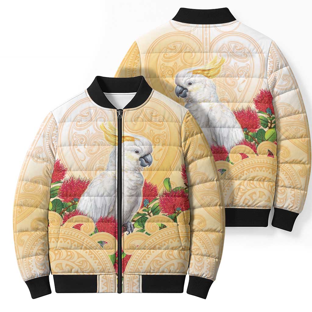 New Zealand Aotearoa Cockatoo Bomber Puffer Jacket Maori Pattern With Pohutukawa Flowers LT05 - Polynesian Pride