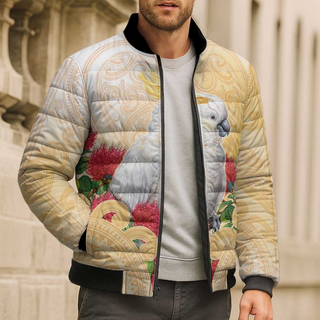 New Zealand Aotearoa Cockatoo Bomber Puffer Jacket Maori Pattern With Pohutukawa Flowers LT05 - Polynesian Pride