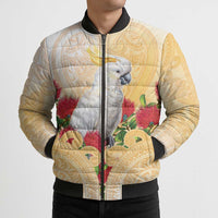 New Zealand Aotearoa Cockatoo Bomber Puffer Jacket Maori Pattern With Pohutukawa Flowers LT05 - Polynesian Pride
