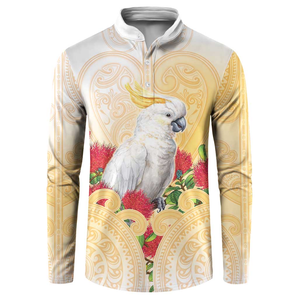 New Zealand Aotearoa Cockatoo Button Sweatshirt Maori Pattern With Pohutukawa Flowers LT05 Beige - Polynesian Pride