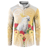 New Zealand Aotearoa Cockatoo Button Sweatshirt Maori Pattern With Pohutukawa Flowers LT05 Beige - Polynesian Pride