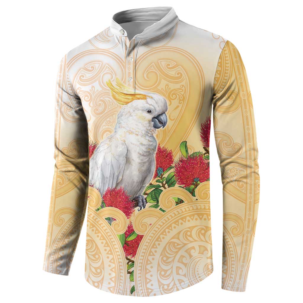 New Zealand Aotearoa Cockatoo Button Sweatshirt Maori Pattern With Pohutukawa Flowers LT05 - Polynesian Pride
