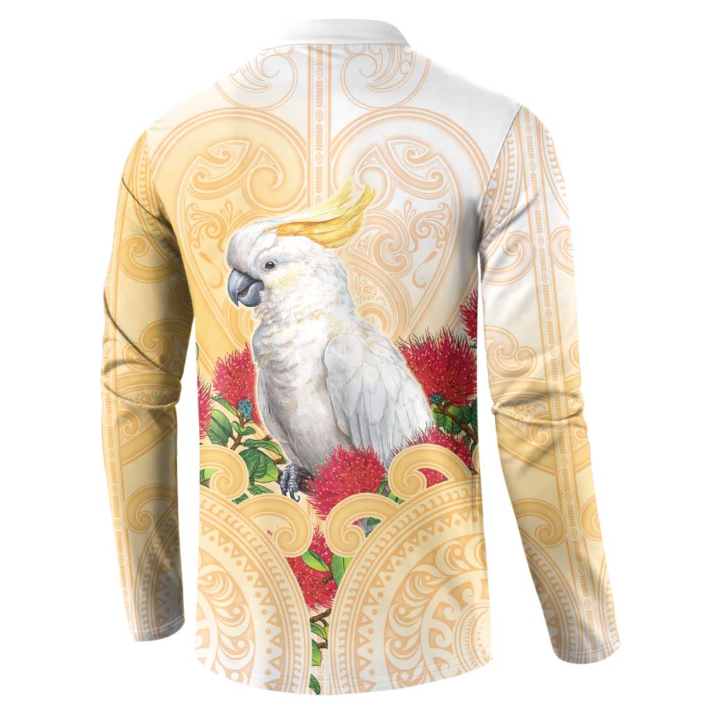 New Zealand Aotearoa Cockatoo Button Sweatshirt Maori Pattern With Pohutukawa Flowers LT05 - Polynesian Pride