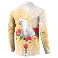New Zealand Aotearoa Cockatoo Button Sweatshirt Maori Pattern With Pohutukawa Flowers LT05 - Polynesian Pride