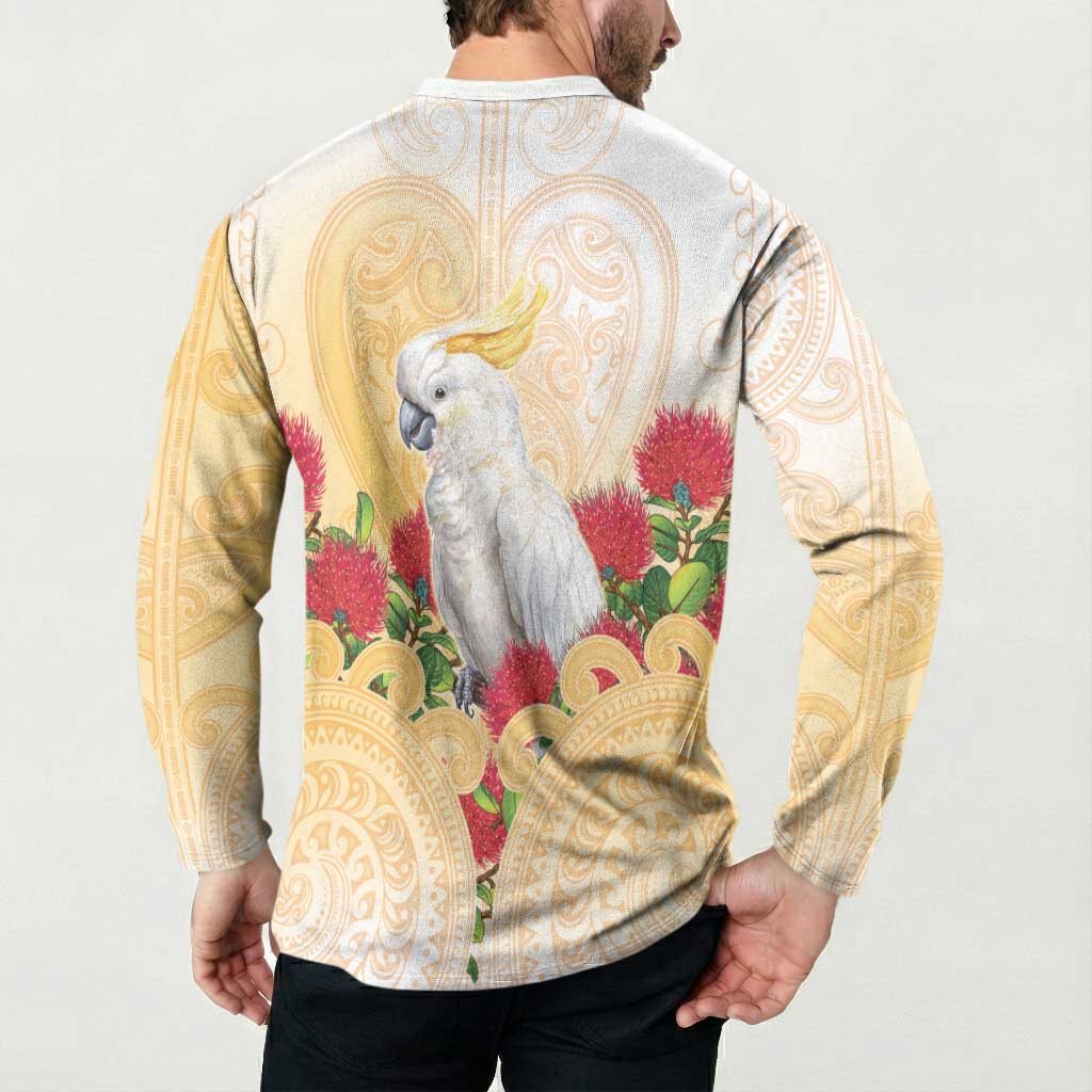 New Zealand Aotearoa Cockatoo Button Sweatshirt Maori Pattern With Pohutukawa Flowers LT05 - Polynesian Pride