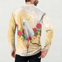 New Zealand Aotearoa Cockatoo Button Sweatshirt Maori Pattern With Pohutukawa Flowers LT05 - Polynesian Pride