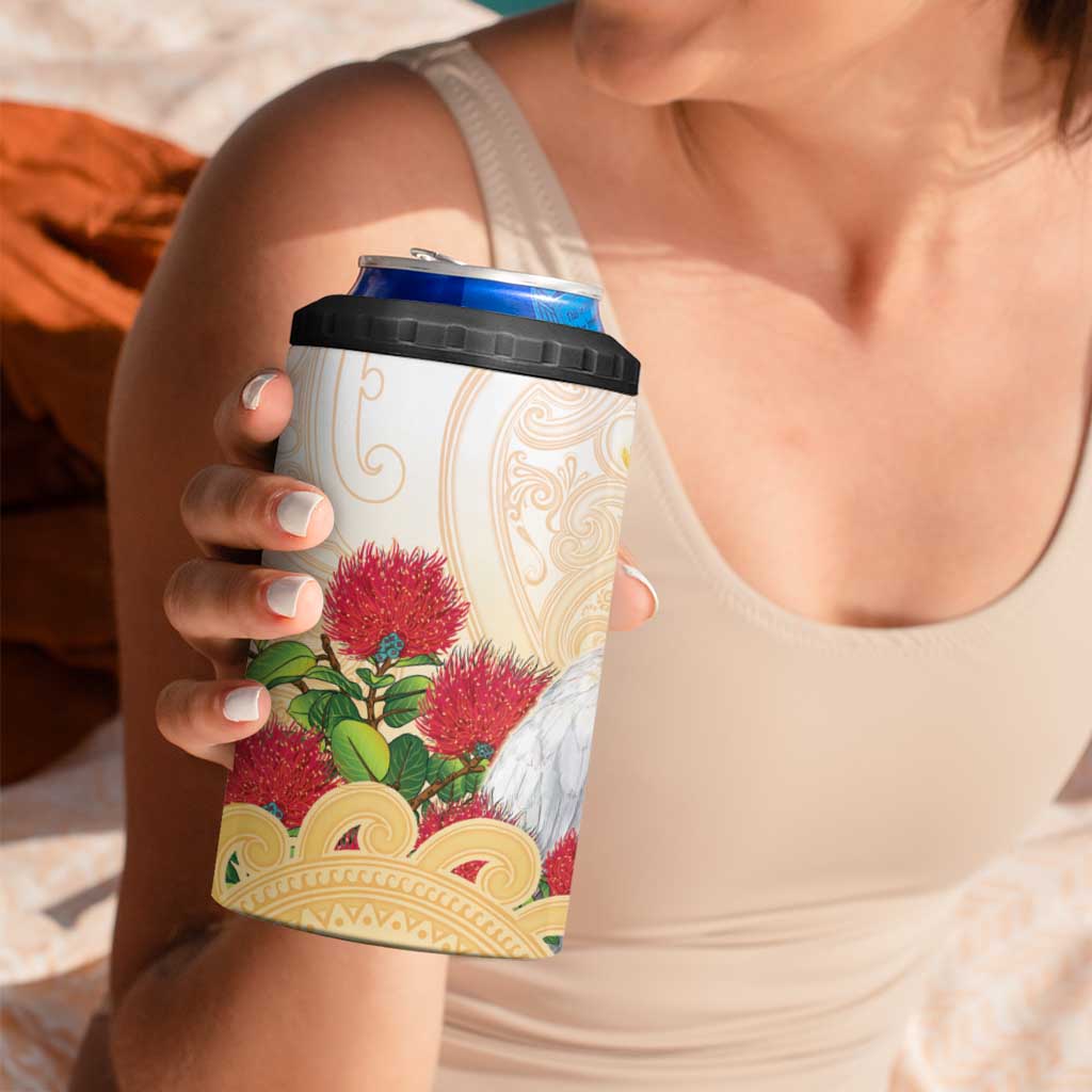 New Zealand Aotearoa Cockatoo 4 in 1 Can Cooler Tumbler Maori Pattern With Pohutukawa Flowers