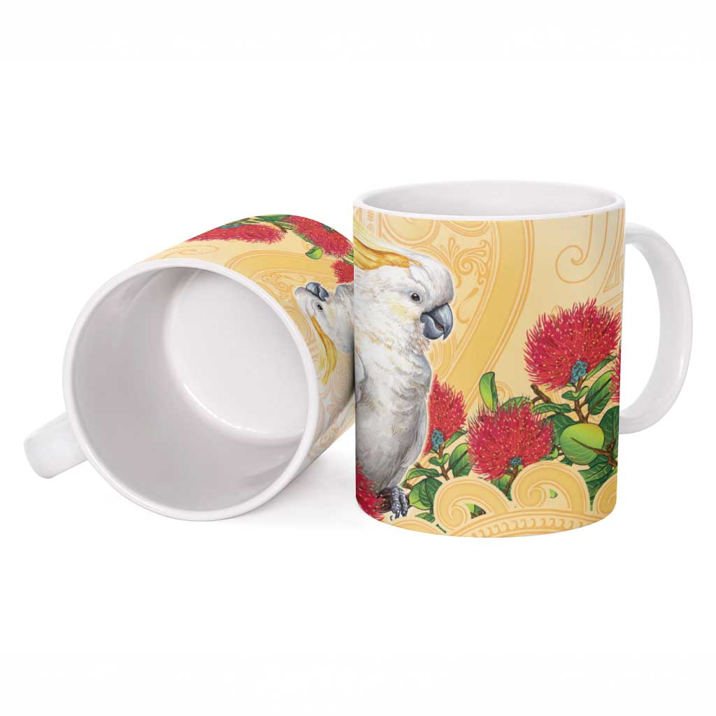 New Zealand Aotearoa Cockatoo Ceramic Mug Maori Pattern With Pohutukawa Flowers LT05 - Polynesian Pride