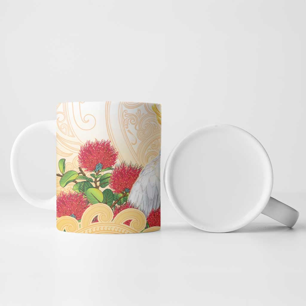 New Zealand Aotearoa Cockatoo Ceramic Mug Maori Pattern With Pohutukawa Flowers LT05 - Polynesian Pride