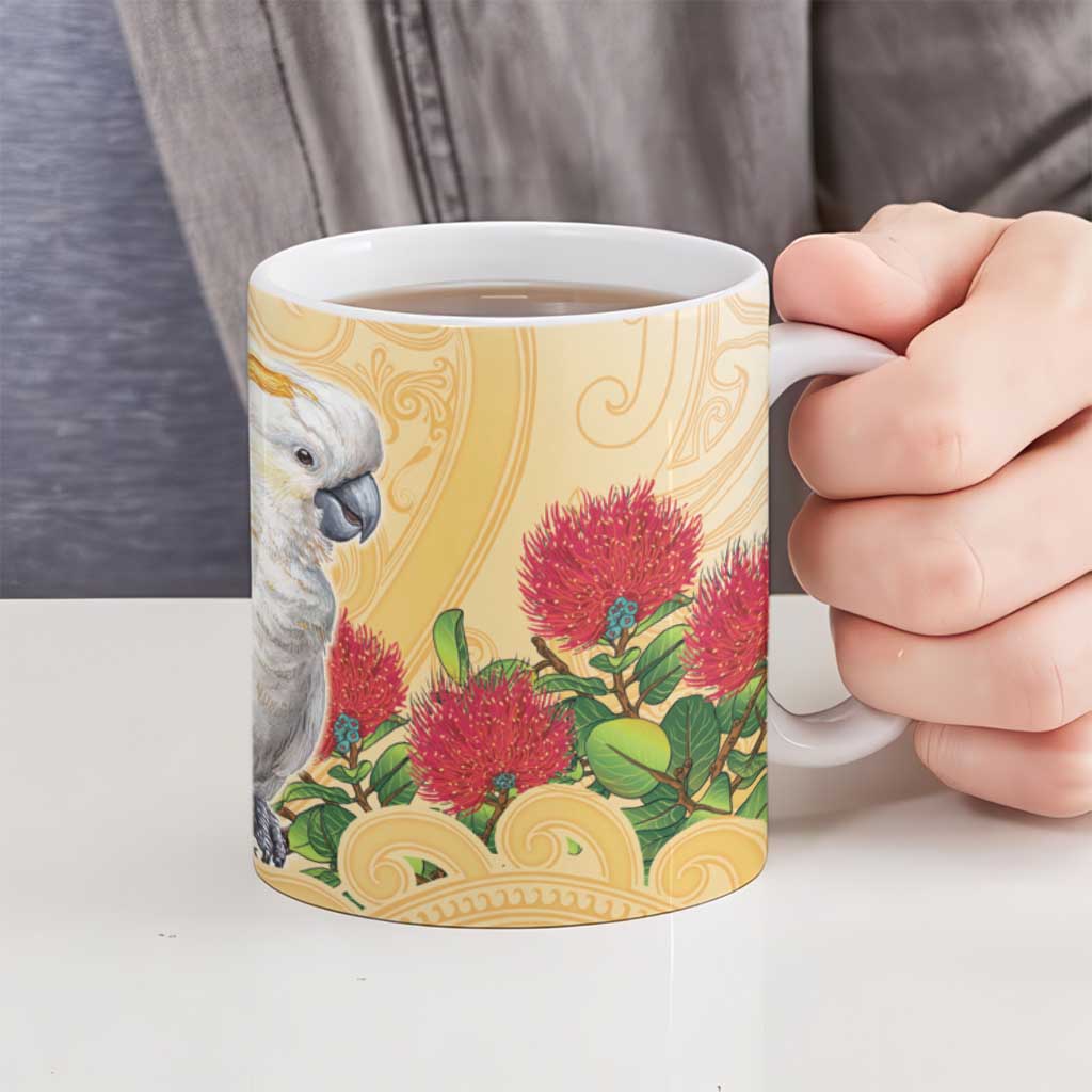 New Zealand Aotearoa Cockatoo Ceramic Mug Maori Pattern With Pohutukawa Flowers LT05 - Polynesian Pride